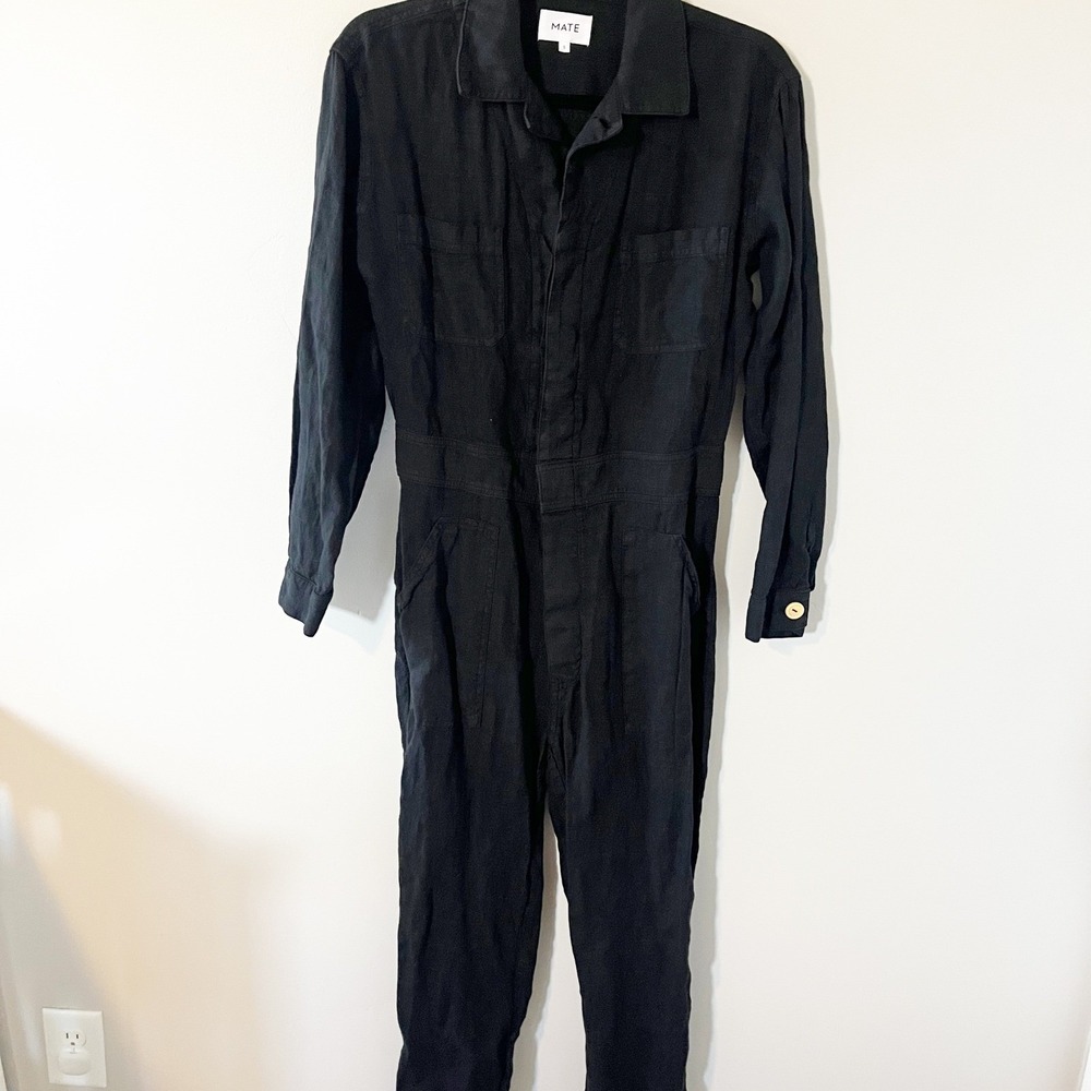 MATE the Label Black 100% Linen Long Sleeve Button Front Utility Jumpsuit Small